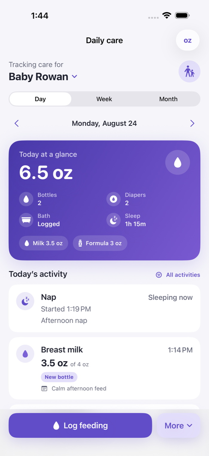 Baby Rounds daily overview with recent feeding, diaper, bath, and sleep activity