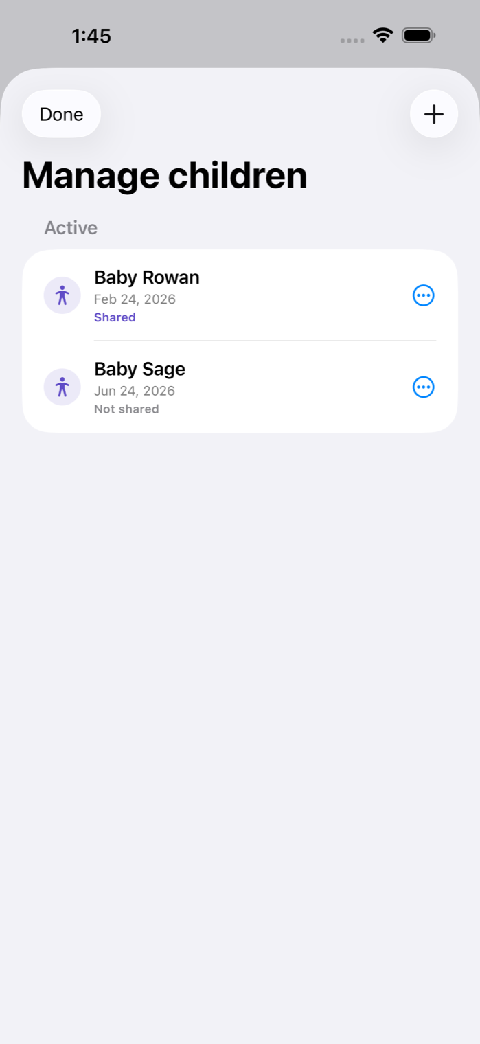 Baby Rounds Manage Children screen showing shared and unshared children