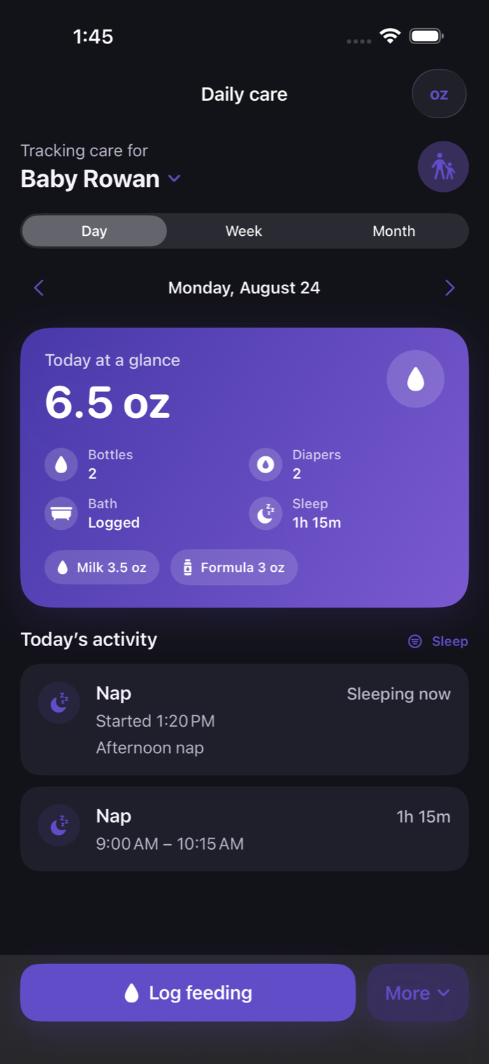 Baby Rounds sleep timeline showing an active nap and completed sleep